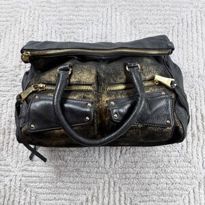 Aimee Kestenberg Satchel Black Gold Metallic Leather Edgy Rocker Bag Moto Edgy